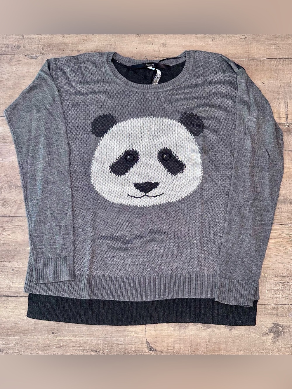 Kensie Gray Panda Crewneck Sweater